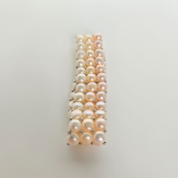 Three‎ Strand Freshwater Multi-Color Button Pearl Stretch Bracelet w/ Sterling - Picture 6 of 10